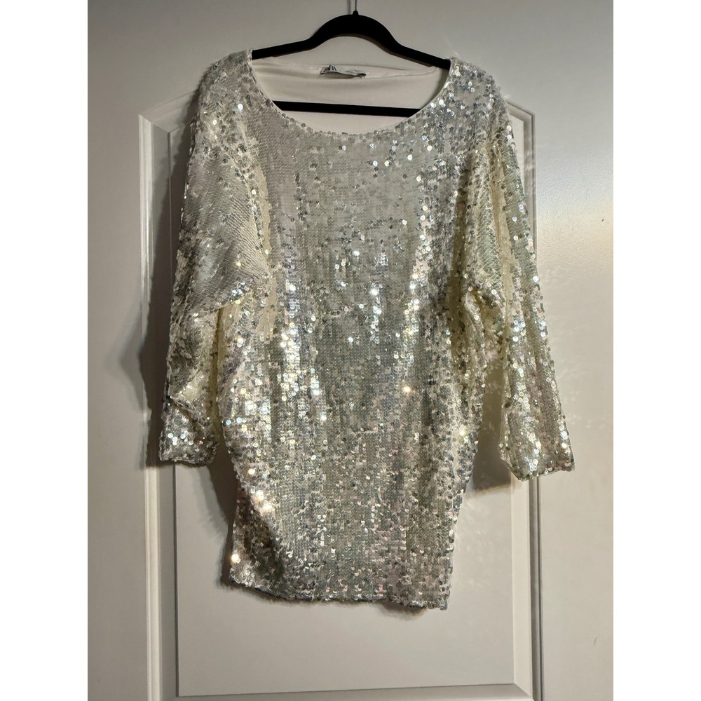 Zara Sequin Tunic Top Small Silver Dolman Sleeve Scoop Neck Party Glam Sparkly